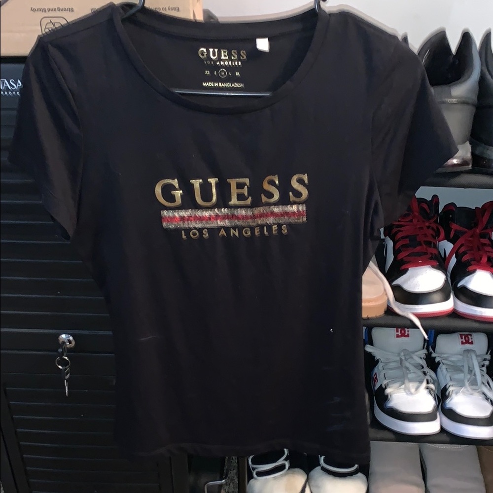 Guess Black Short Sleeve Tee with Gold Logo and Red Accent